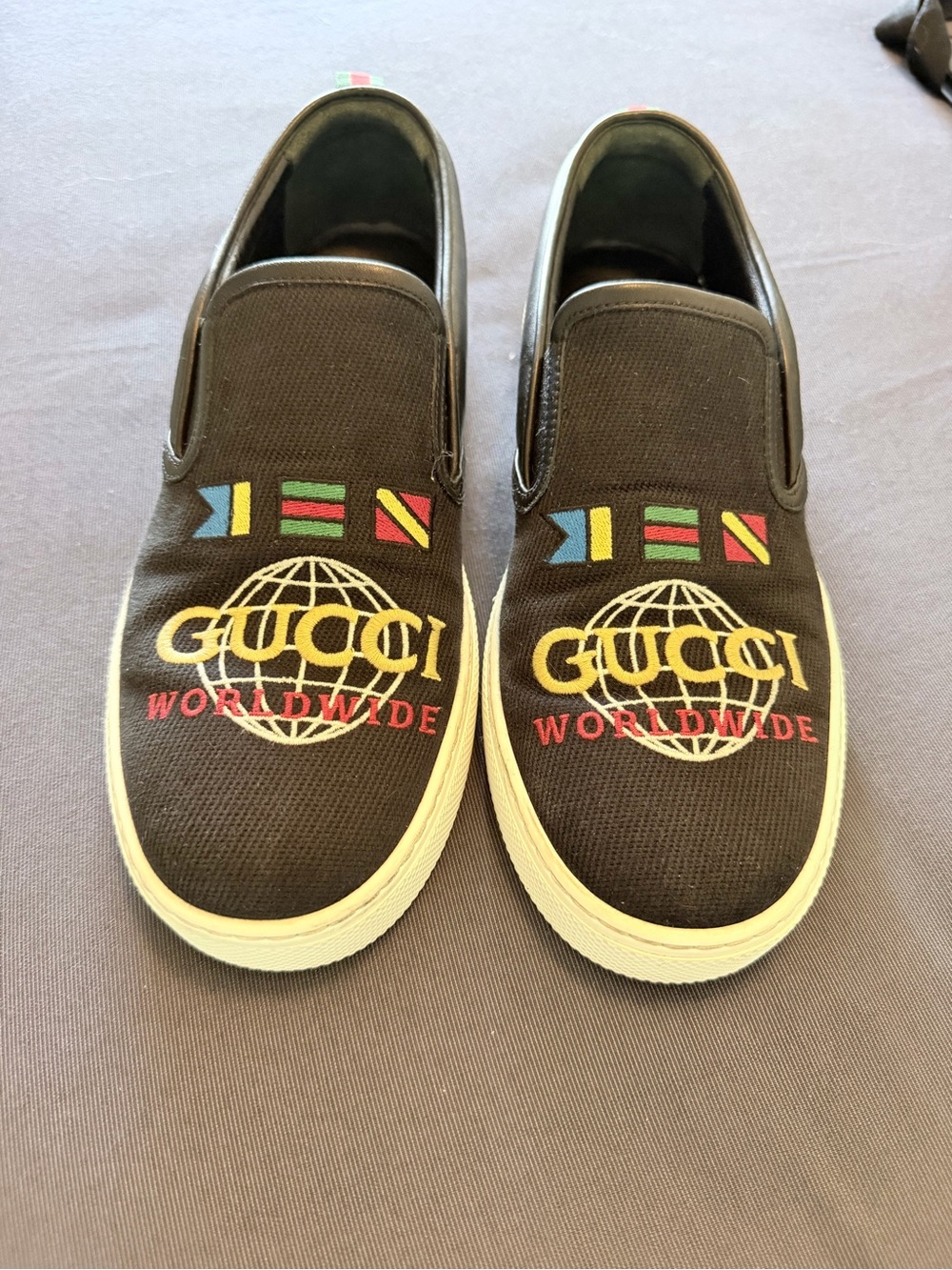 Gucci Black Canvas Slip-On Sneakers with Multicolor Logo